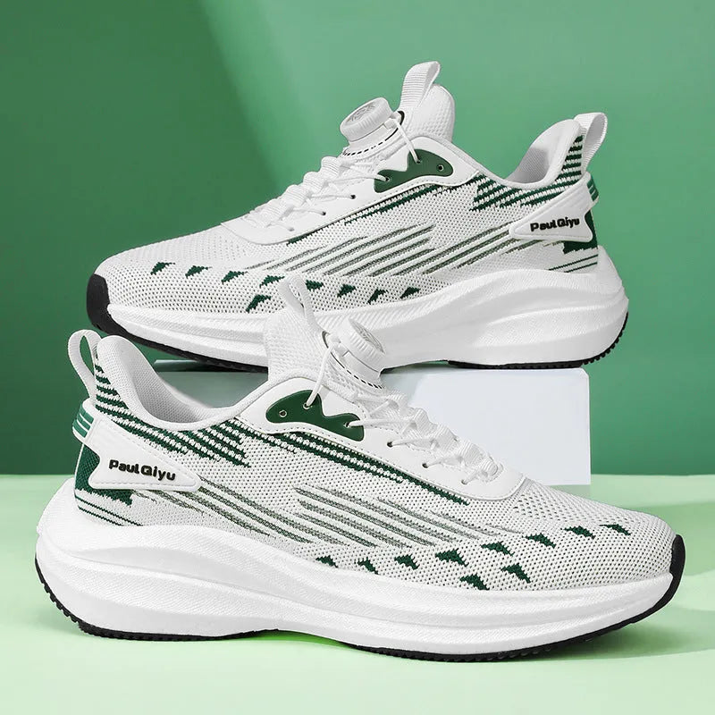 Men's white green Fly-kit mesh running shoes with rotating buckle and TPU sole, low-top design