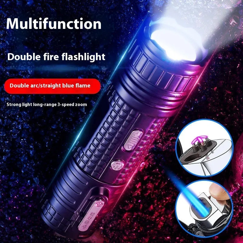 TH727 multi-function waterproof flashlight lighter in metal construction with colour options including camouflage, red, black, blue, and yellow