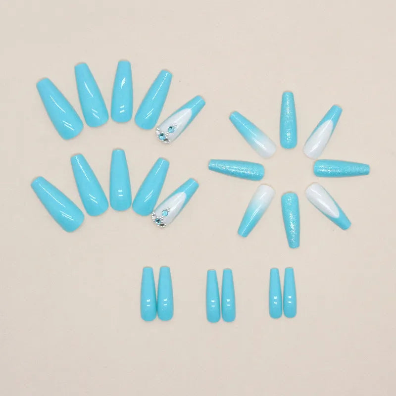 Solid colour long ballet false nails with blue diamond glue bottle, 24 pre-shaped patches