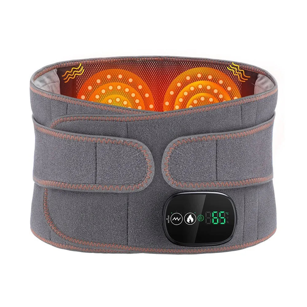 Grey fabric rechargeable electric heating belt with adjustable strap for back and waist warmth.