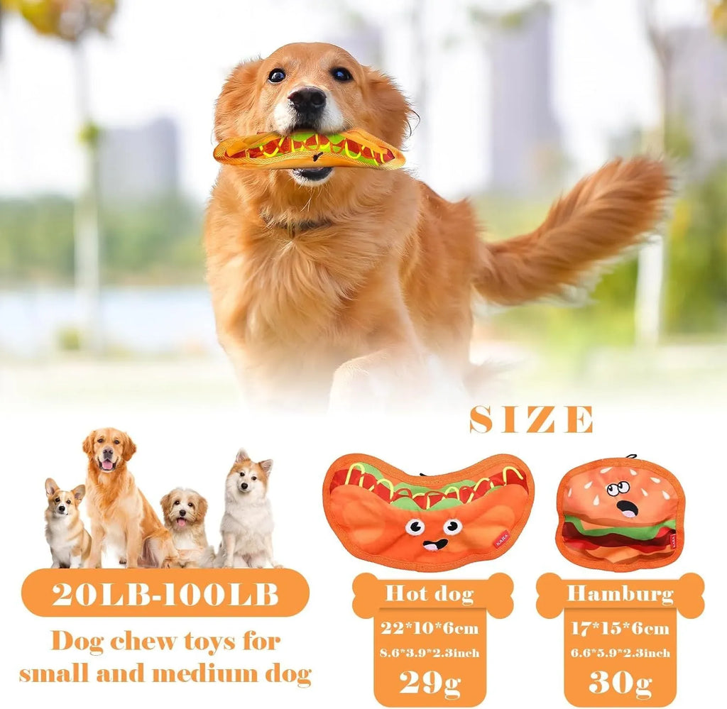 Set of four colourful fast-food shaped dog toys: hamburger, fries, hot dog, and pizza, featuring crinkle and squeak sounds.