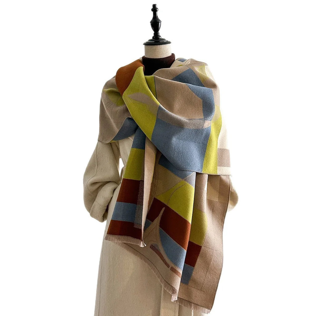 Imitation cashmere shawl scarf in beige colour showing 185x65cm dimensions and European American chic style