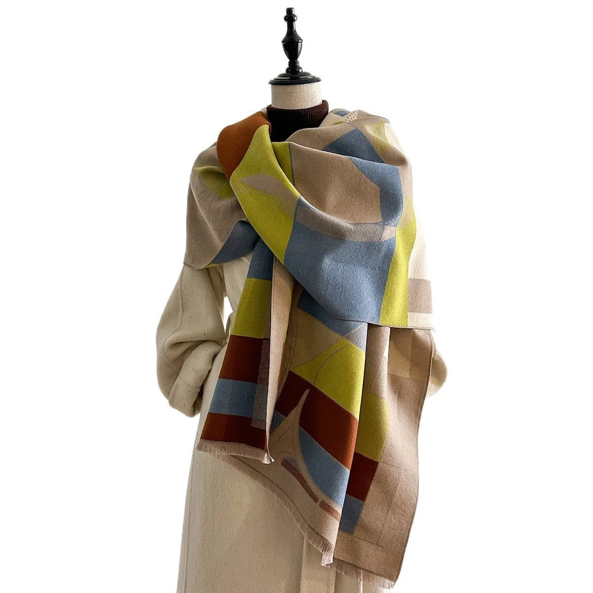Imitation cashmere shawl scarf in beige colour showing 185x65cm dimensions and European American chic style