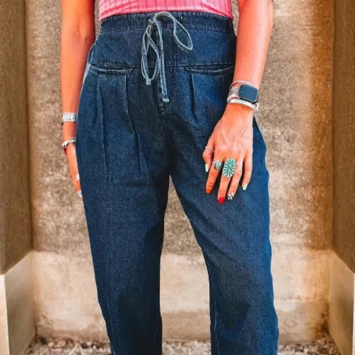 Sail blue loose jeans with checkered side panels and drawstring waist, cotton blend, Asian sizes 4-16.