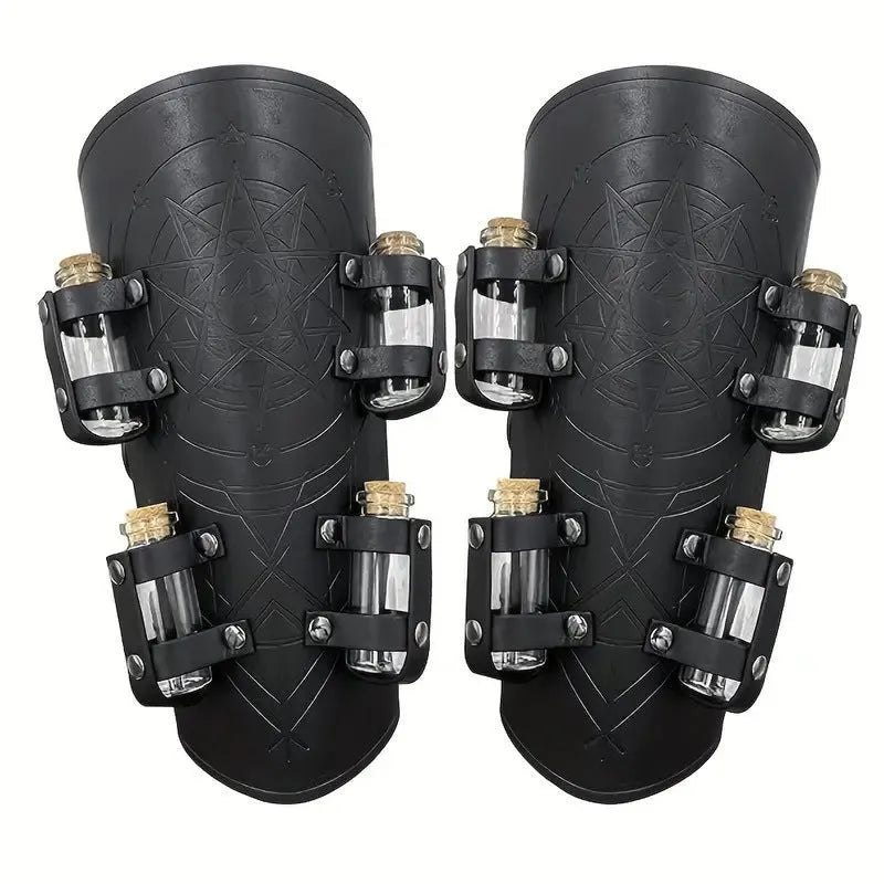 Black PU wristband with medieval alchemy bottle holder, adjustable strap, for LARP and cosplay.