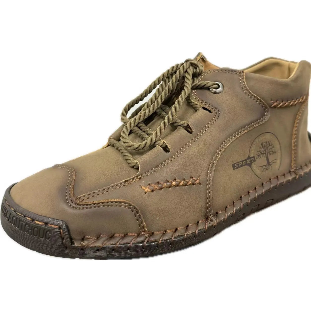 Men's leather mid-top work boots in various colours with lace-up front and rubber sole