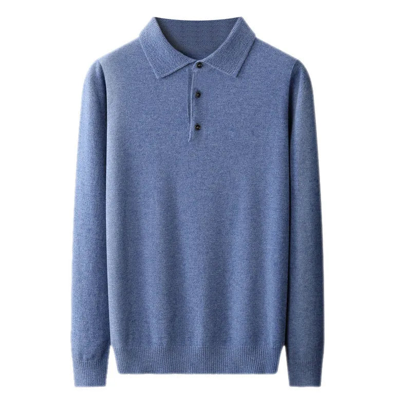 Men's wool sweater with polo collar and long sleeves in collage stitching design, available in seven colours including noble blue
