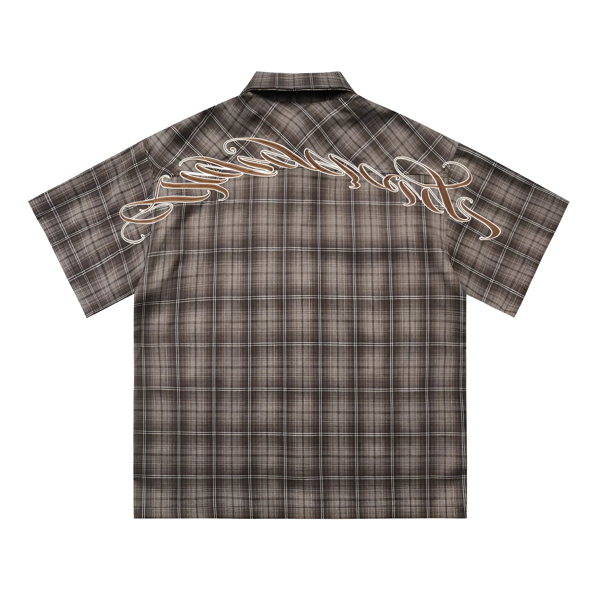 Men's black embroidered plaid short sleeve shirt with lapel collar