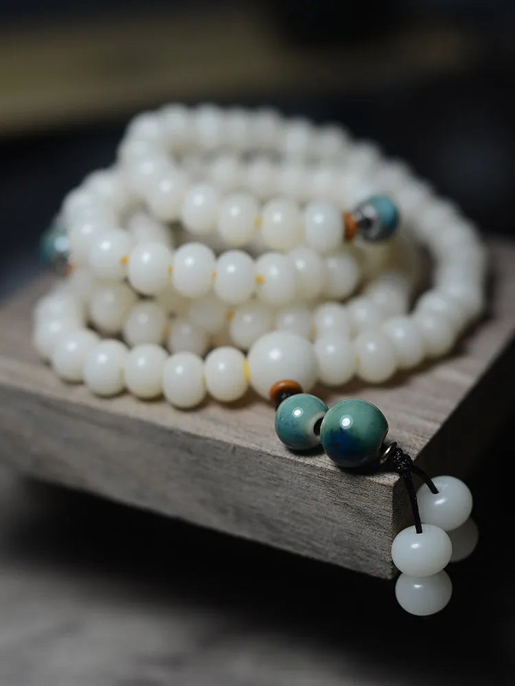 White jade Bodhi seed bracelet with 108 flat round beads in two size options