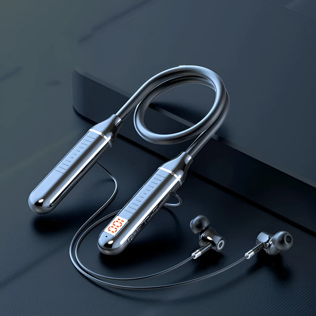 Wireless Bluetooth neckband sports headphones in black, red, purple, or green colours with a power display.