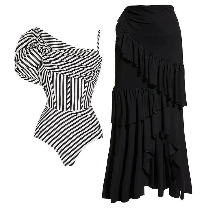 Women's one-piece swimsuit with ruffled striped design and attached skirt in polyester fabric