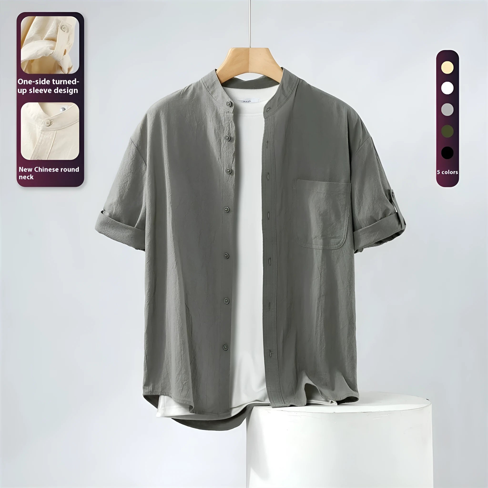 Men's loose fit linen short-sleeve shirt in a solid colour with a simple stand collar.