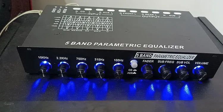 Car audio EQ tuning frequency division amplifier with control knobs for seven-band frequency adjustment and volume controls