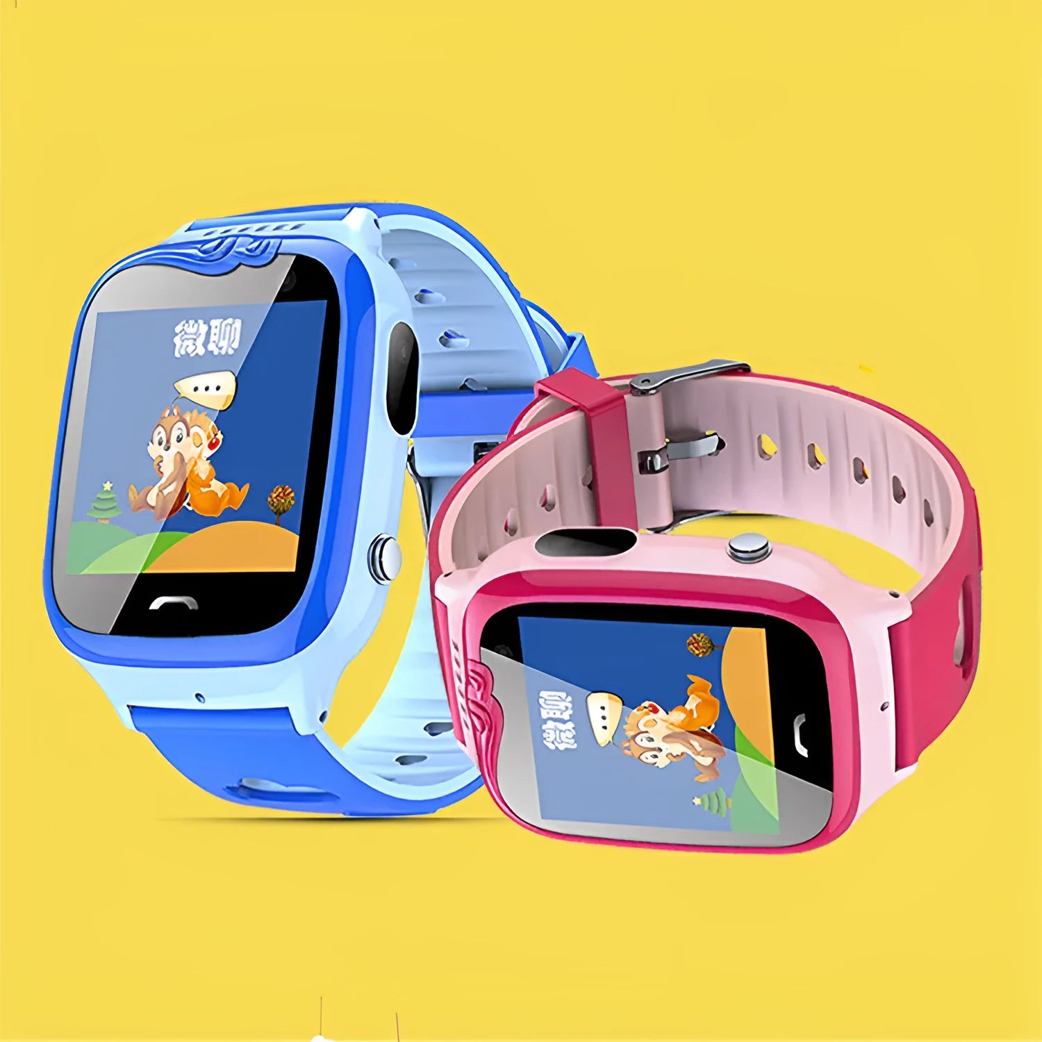 Blue children's smartwatch with a square HD screen and silicone strap on a wrist
