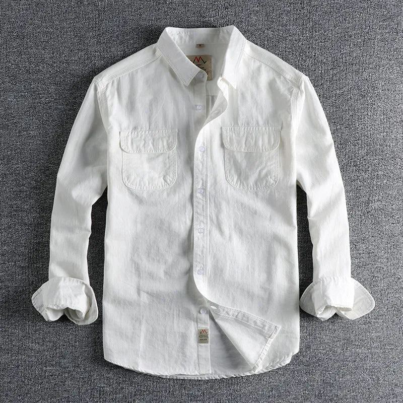 British retro long sleeve shirt in light blue or white, cotton cardigan style for spring wear, sizes M to 2XL
