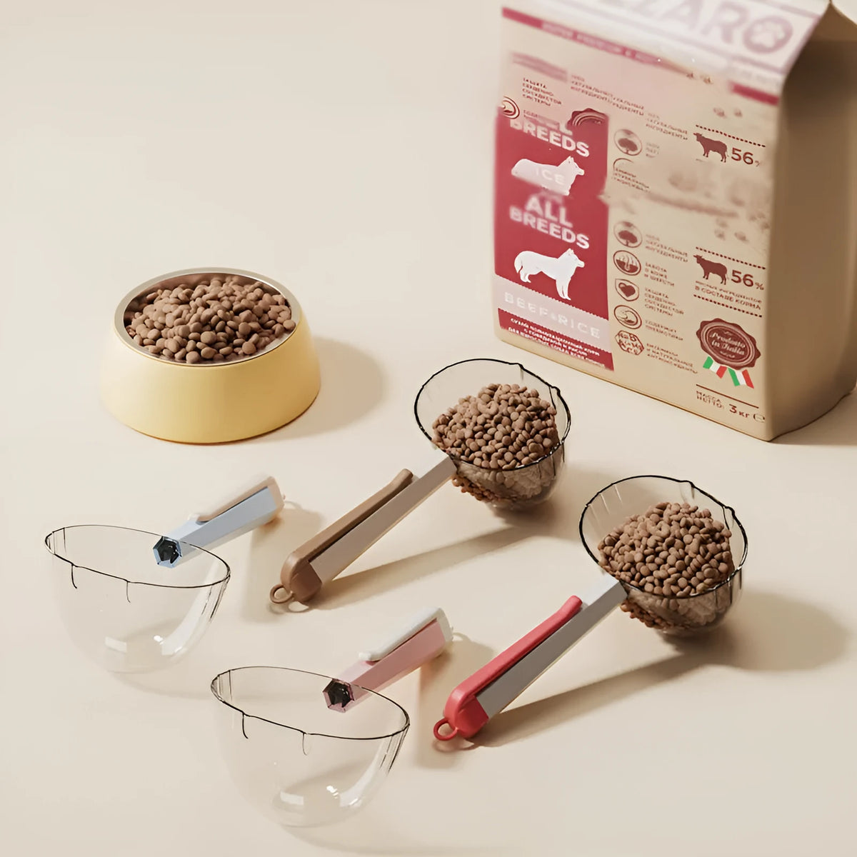 Pet food spoon with clip attachment in blue, coffee, pink, and red colours for hygienic dog and cat feeding