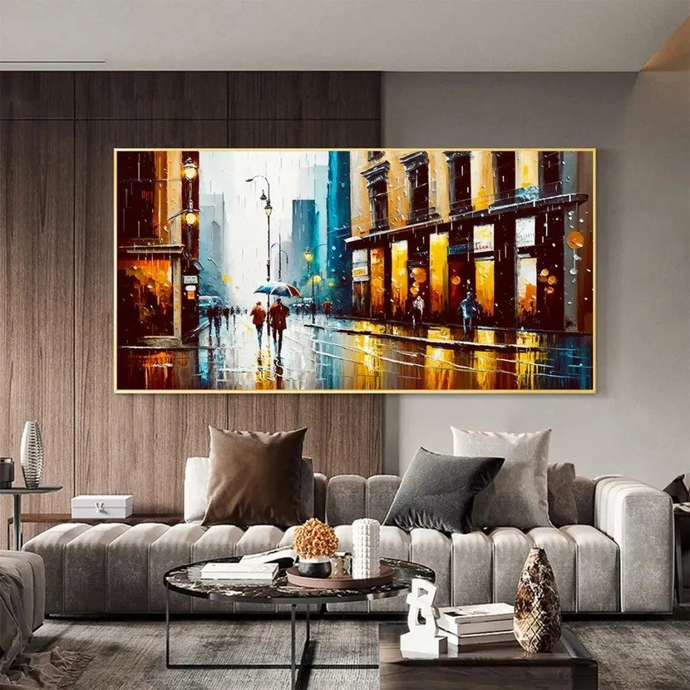 Handmade abstract urban architectural oil painting on canvas, horizontal framed-less rolled wall art for modern home decor