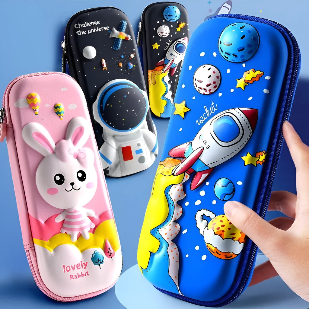 3D leather pencil case with zipper closure showing decorative space theme design