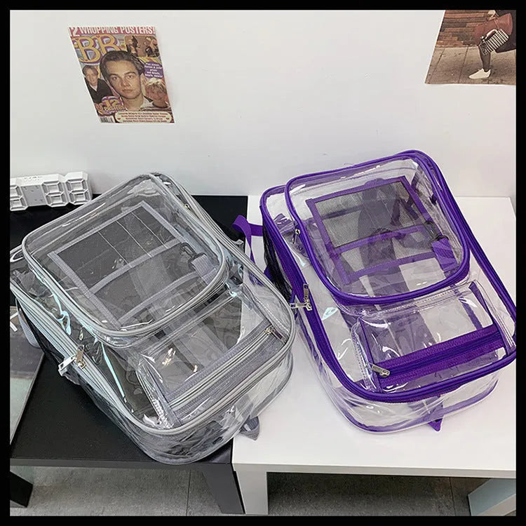 Transparent PVC waterproof backpack with a coloured inner voile bag, showing dimensions of 30cm by 16cm by 44cm.