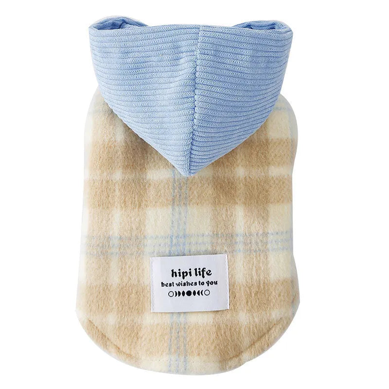 Blue corduroy hooded vest for pets with chessboard grid pattern and adjustable hood for autumn winter wear