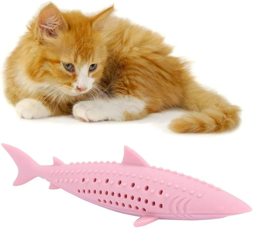 Green dolphin-shaped silicone cat chew toy with breathable side holes for catnip scent release