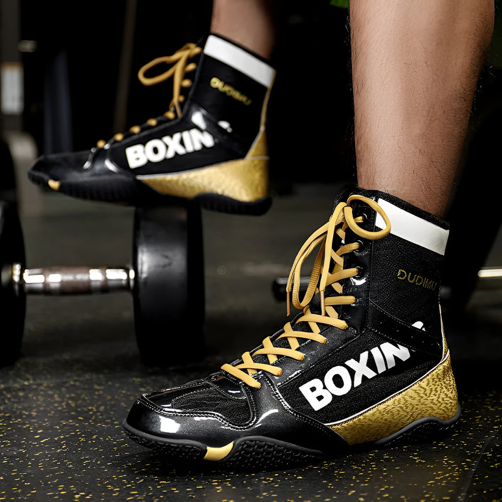 High-top combat training wrestling shoes with mesh and leather upper in green colour.