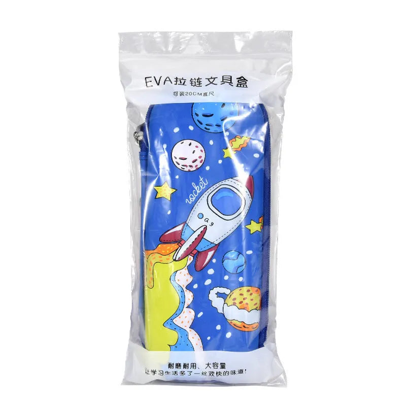 3D leather pencil case with zipper closure showing decorative space theme design