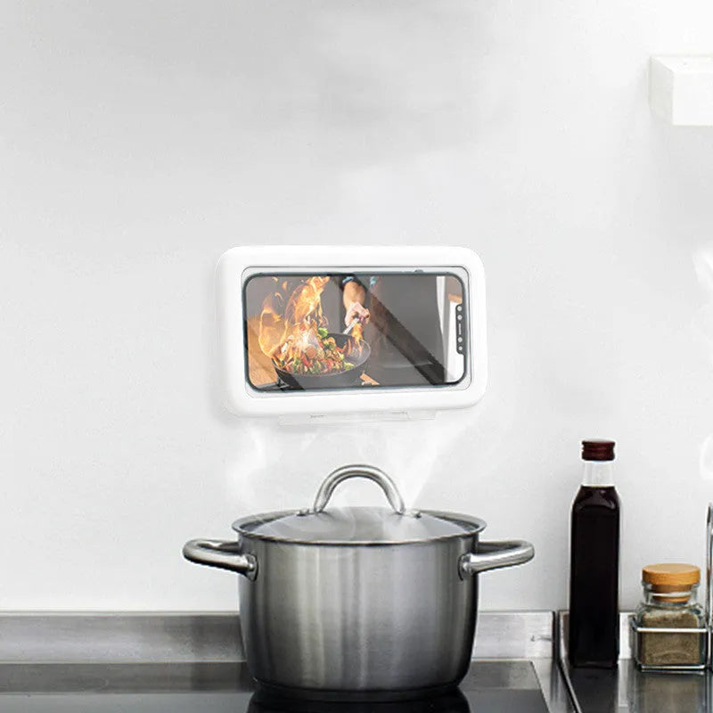 White waterproof bathroom phone holder mounted on tile with phone visible through anti-fog window