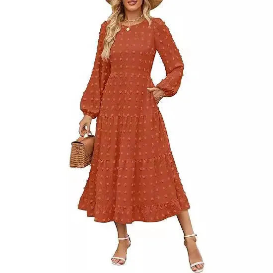 Autumn long sleeve dress with ruffled sleeves and high waist in beige colour, casual round neck design