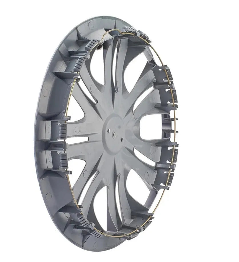Universal ABS plastic wheel hub cover in a monochrome finish, shown against a car wheel.