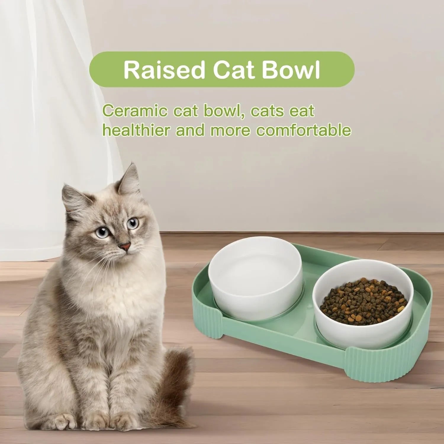Ceramic elevated cat bowls with 15° tilted stand in green, white, or yellow, showing non-slip base and detachable bowls