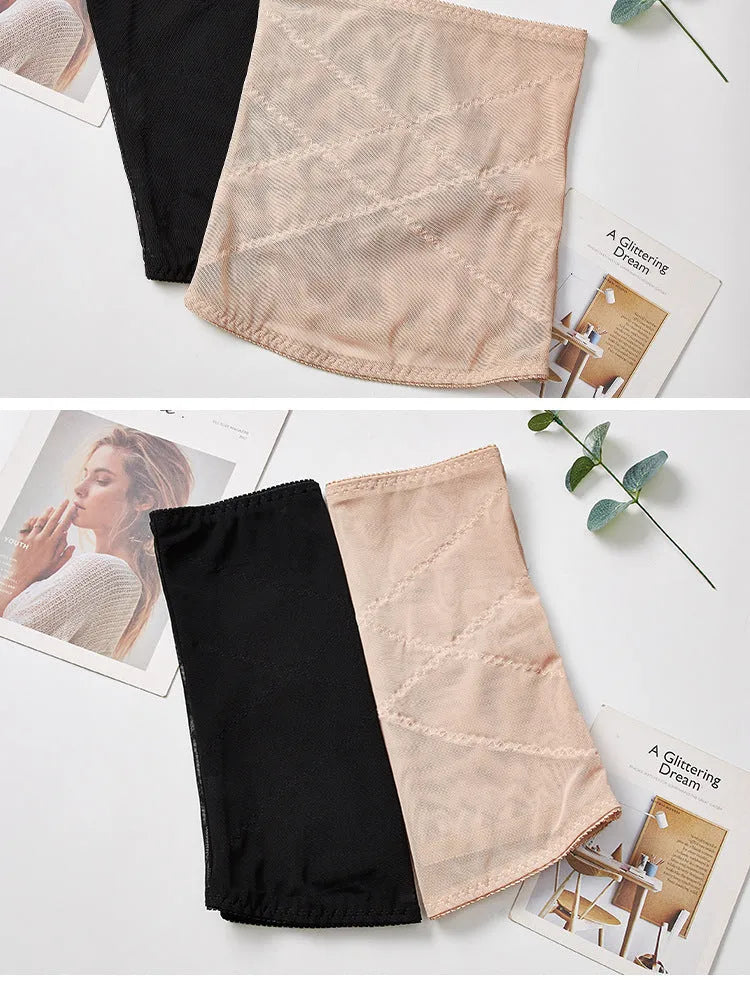 Black mesh postpartum waist trimming belly band shown on a white background.
