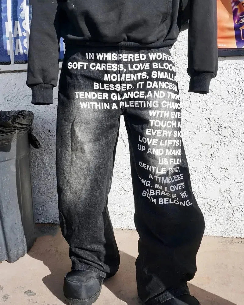 Men's casual cotton trousers with loose wide-leg fit in black or blue colours