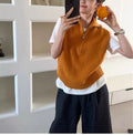 Retro half zip sleeveless knit vest in mesh polyester fabric with 3D pattern detail