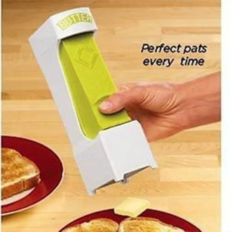 Yellow plastic butter slicer and storage box with a one-button dispenser for standard 4.75 inch butter bars.