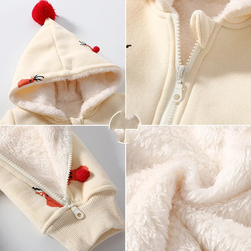 Khaki coloured padded one-piece baby outfit with a Christmas moose design, showing front view.