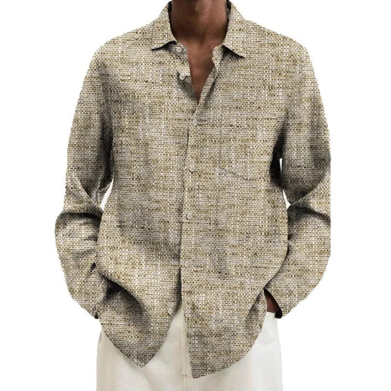 Men's multi-colour geometric pattern long sleeve cardigan shirt on a hanger.