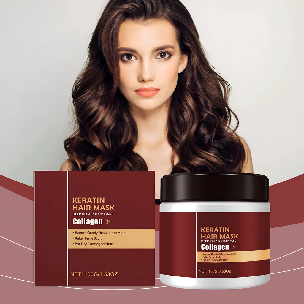 100g jar of nourishing hair mask with hydrolysed keratin and collagen, cube-shaped packaging