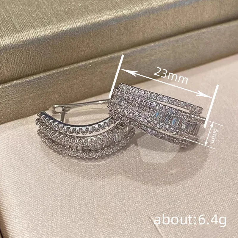 White gold colour geometric stud earrings with zircon inlaid design for women