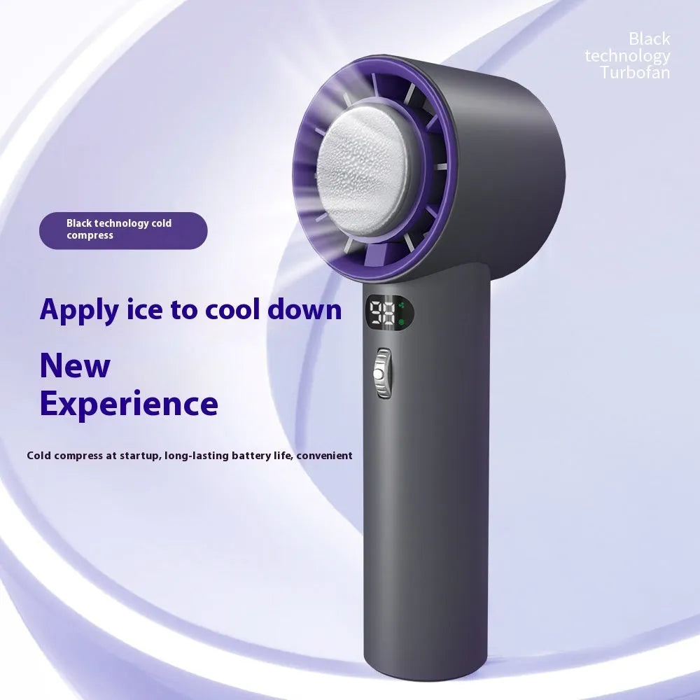 White and grey portable handheld turbo fan with semiconductor cooling and adjustable speeds.
