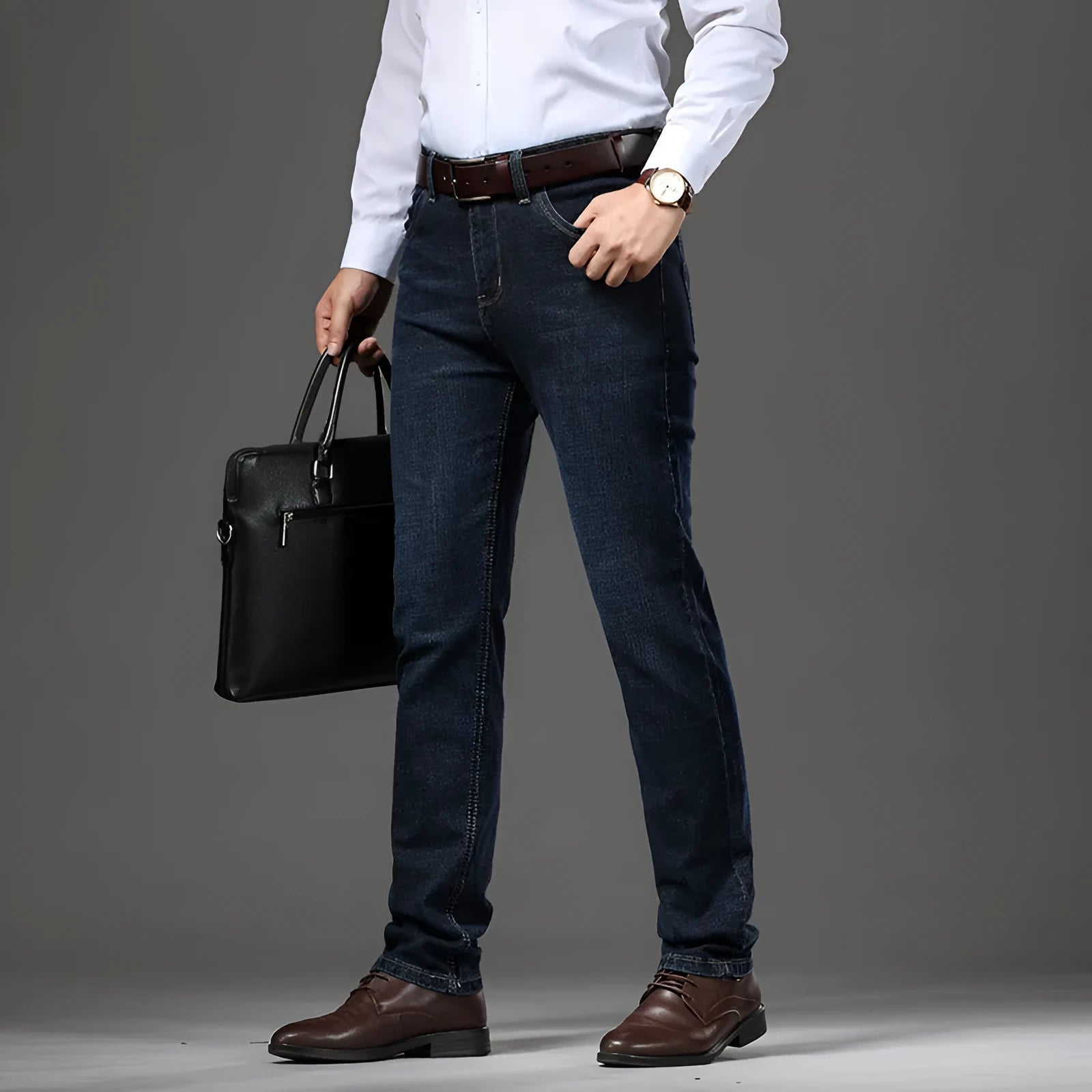 Men's high elasticity stretch jeans in loose plus size business casual fit with straight leg