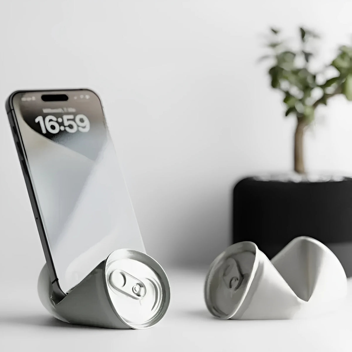 Silver soda can-shaped 3D-printed PLA mobile phone holder desk ornament for party gifting