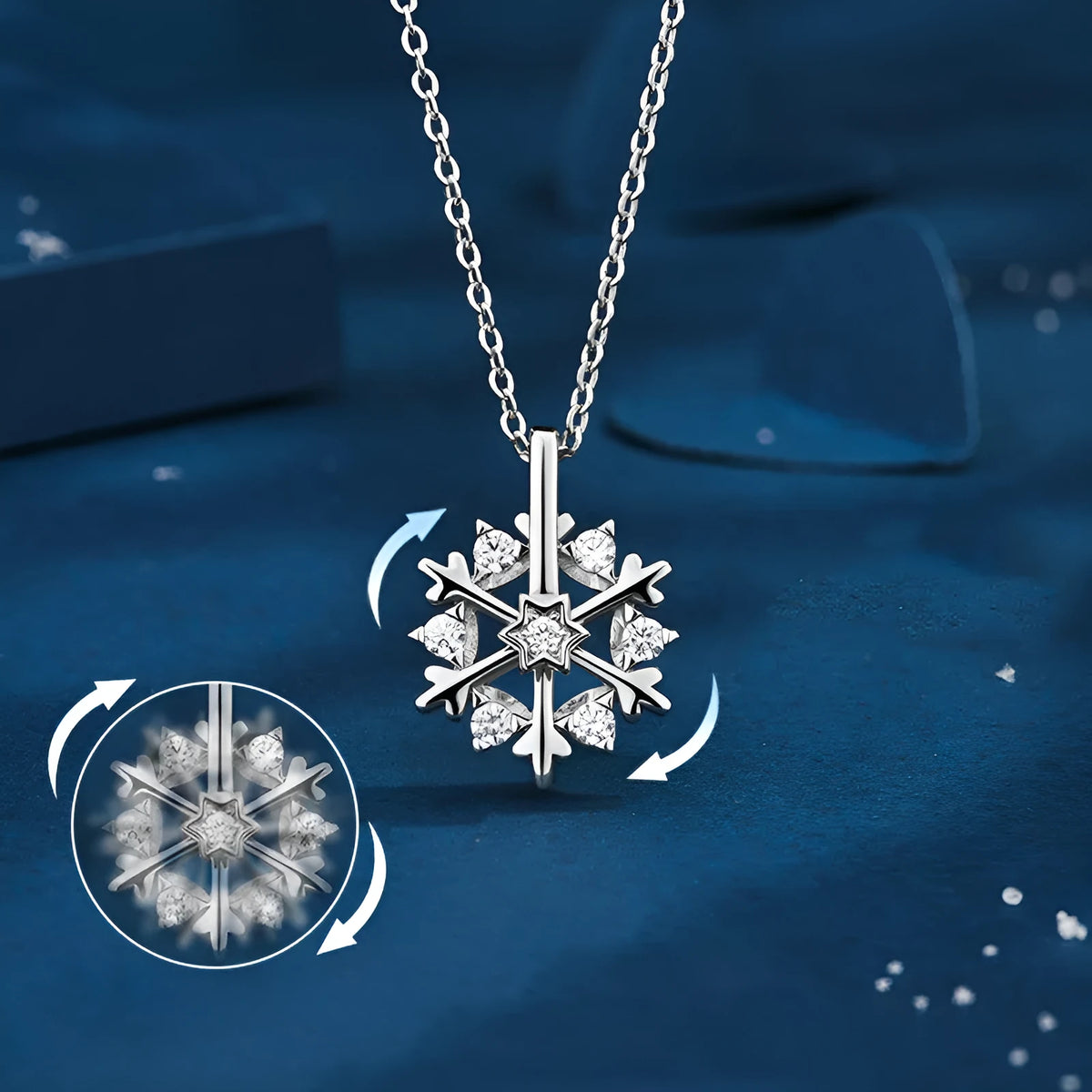 Rotatable S925 silver snowflake necklace for women with rhinestone detail, available in rose gold or white gold.