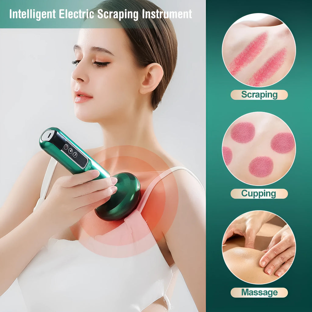 Green electric vacuum cupping massager with adjustable suction controls and infrared heating function