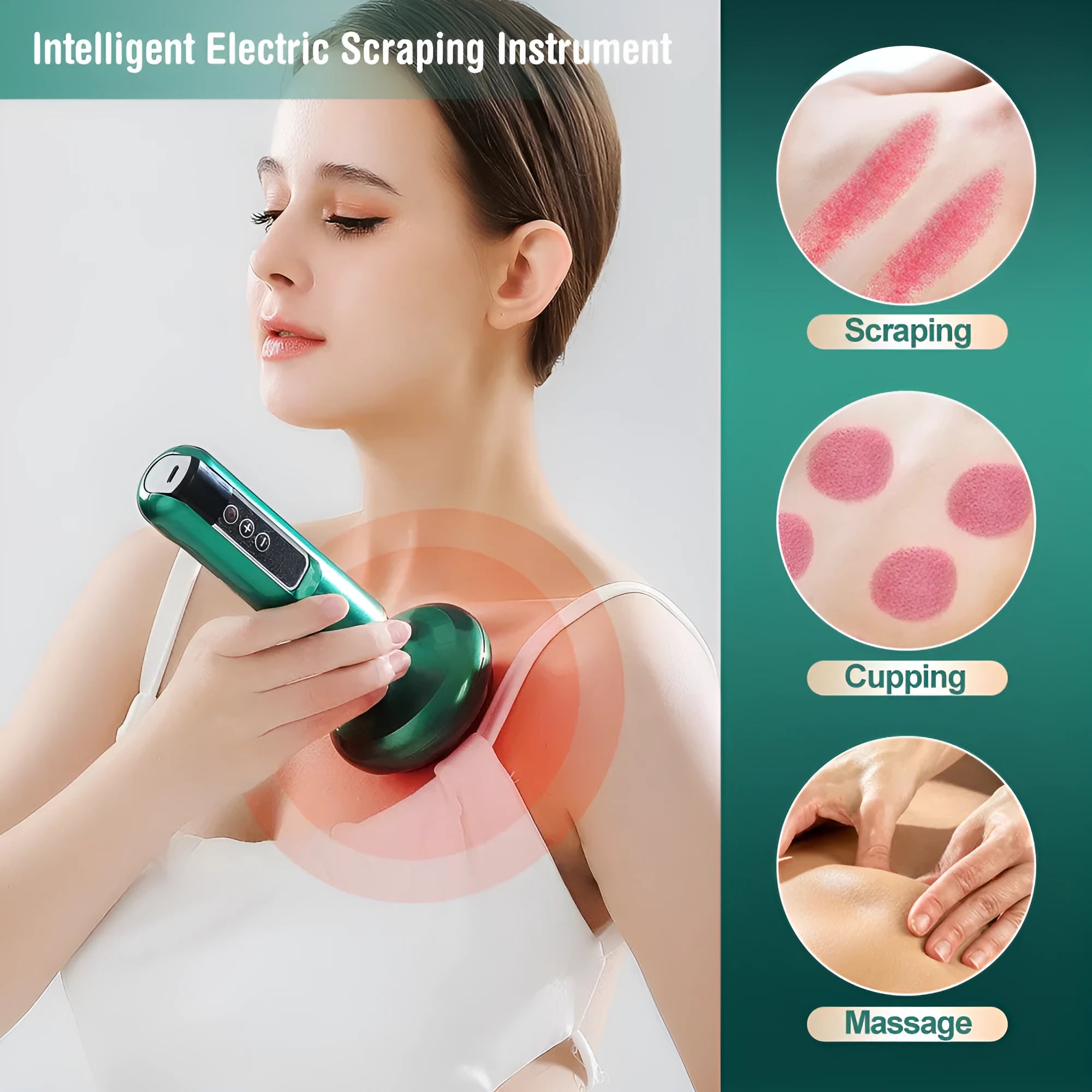 Green electric vacuum cupping massager with adjustable suction controls and infrared heating function