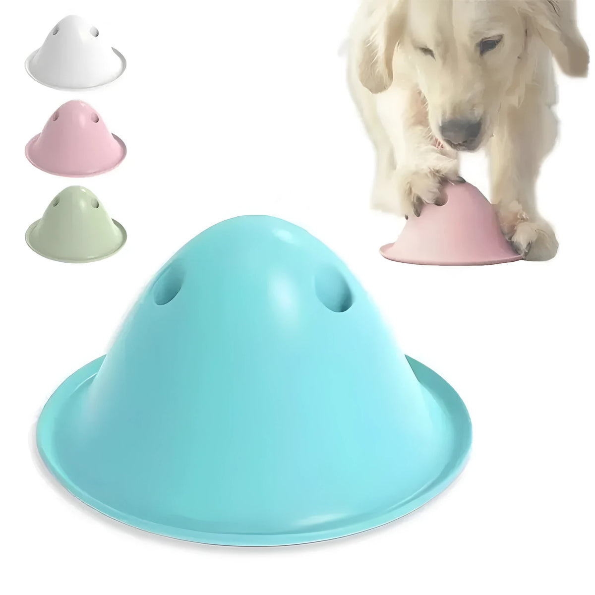 Large green interactive dog puzzle toy with treat slots on a floor.