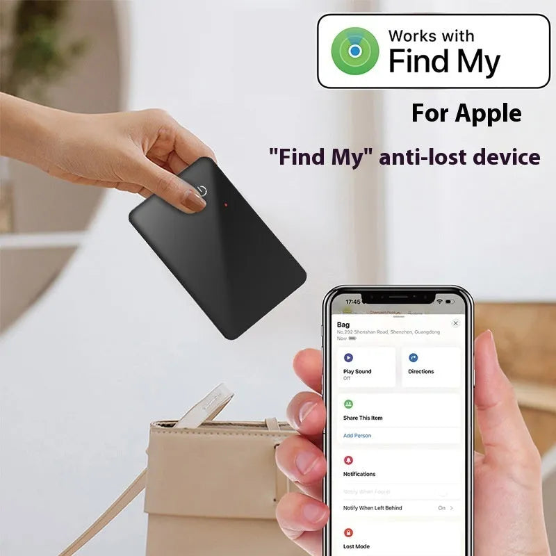 Black credit card sized pet tracker with a hanging hole, showing wireless charging and NFC symbols.