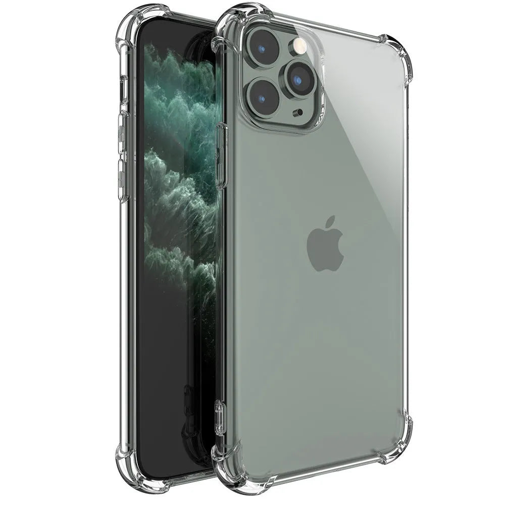 Clear shockproof TPU case for iPhone showing transparent design fitting multiple Apple models