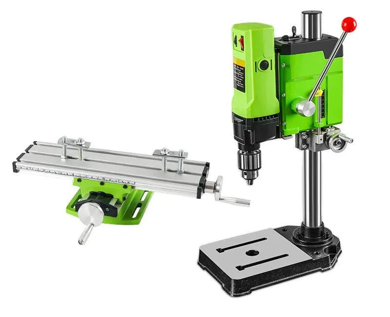 Mini bench drill and milling machine with 240W motor on a workbench for drilling and milling tasks