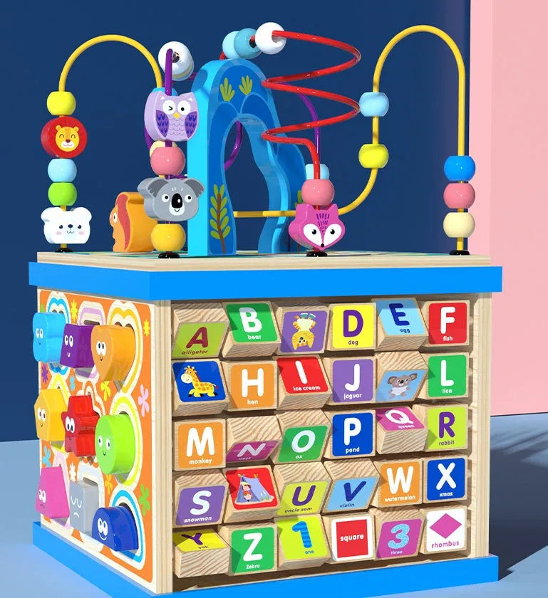 Blue wooden bead treasure box toy with multi-functional scenes for baby and toddler play